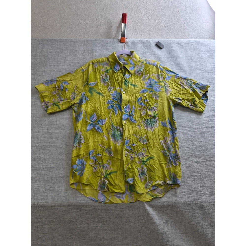 Davinci Sport Shirt Mens Medium Lime Green Floral Print Button Up Casual Wear